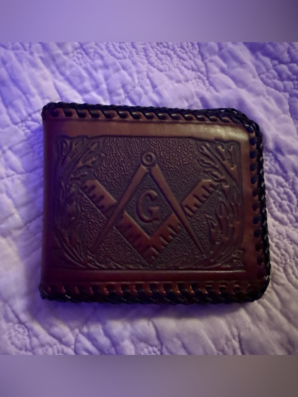 Handcrafted Brown Leather Bifold Wallet with Embossed Masonic Design